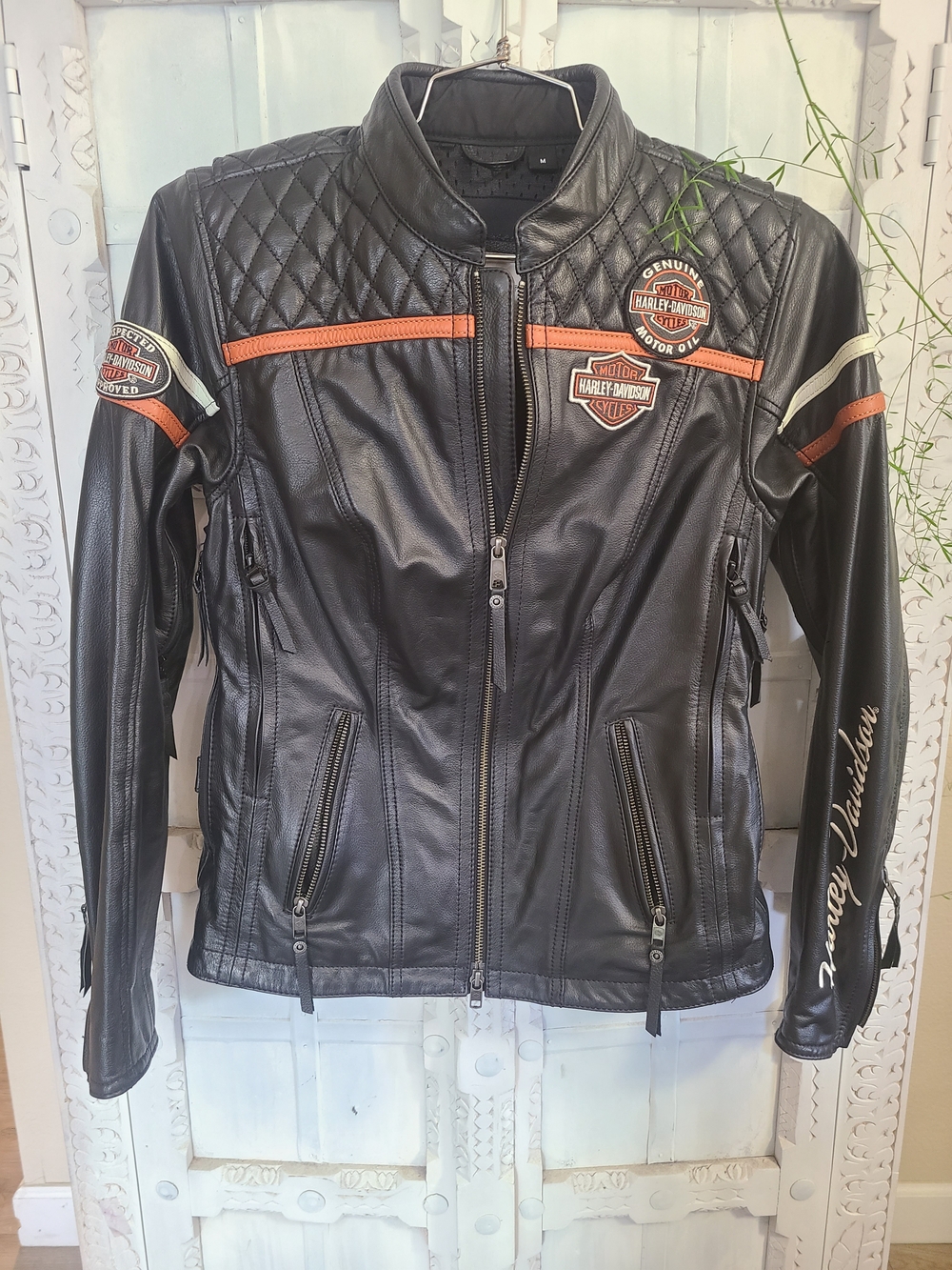 Harley-Davidson Women’s Black Leather Motorcycle Jacket with Orange Trim